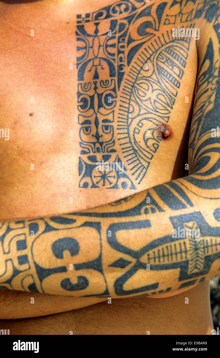 Marquesan tattoos are among the artistic in the world, Tahiti. Stock Photo