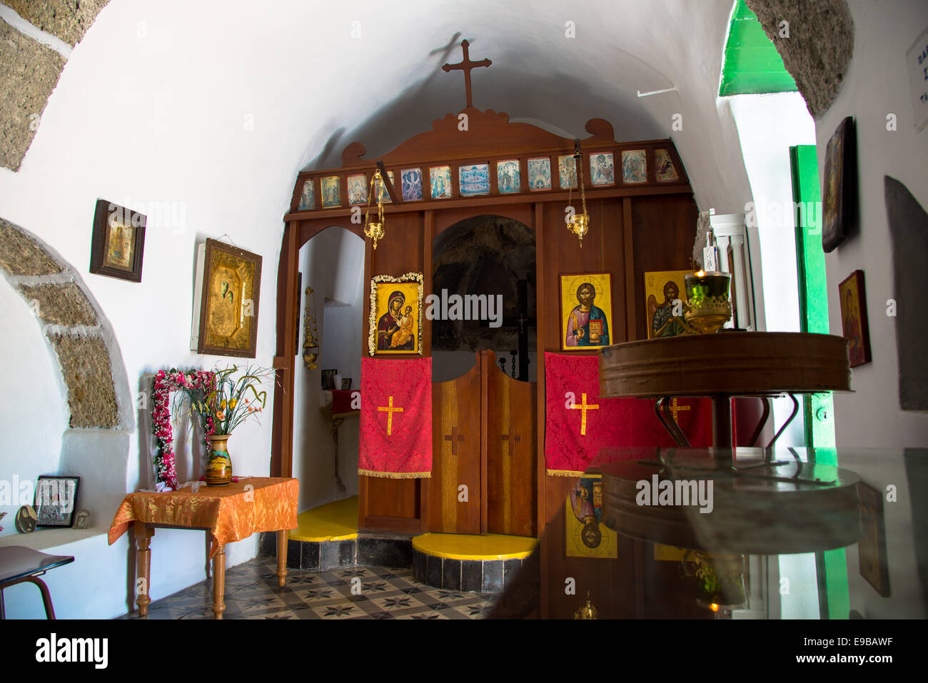 interior of small white church in tripiti at milos greece Stock Photo