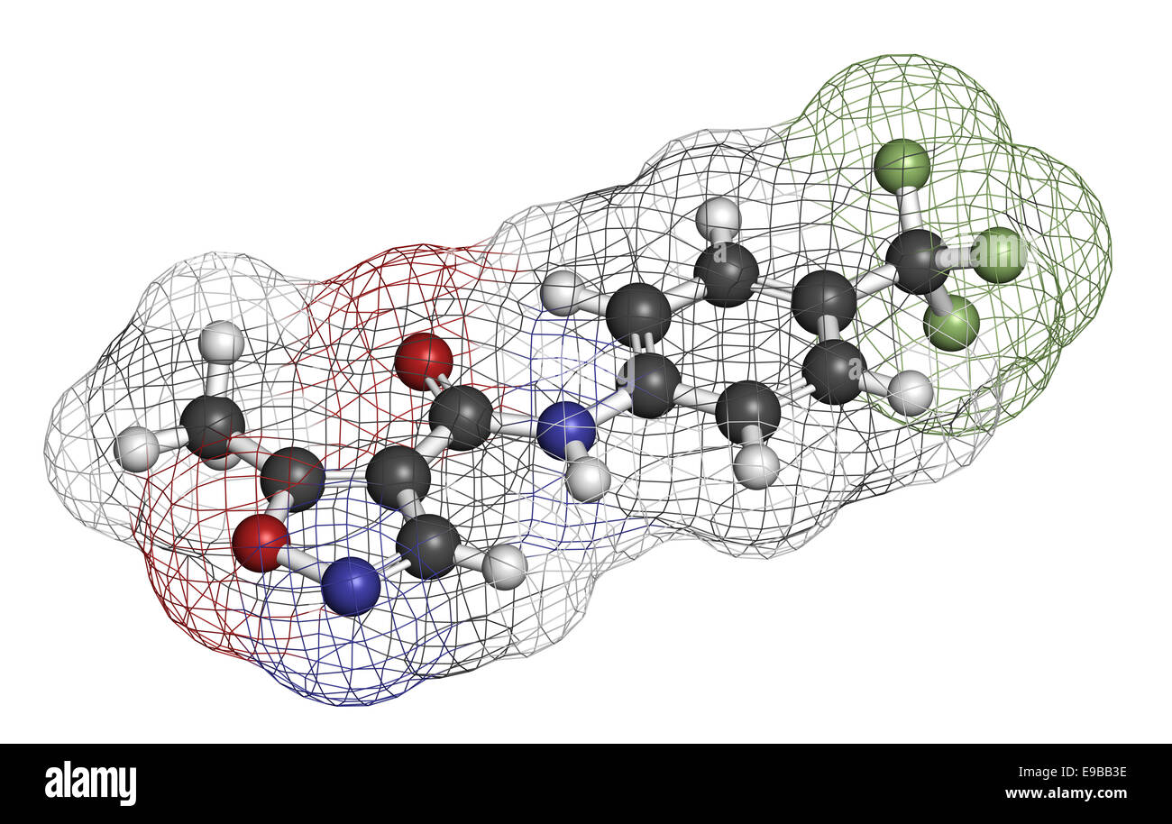 Leflunomide rheumatoid arthritis drug molecule. Atoms are represented as spheres with