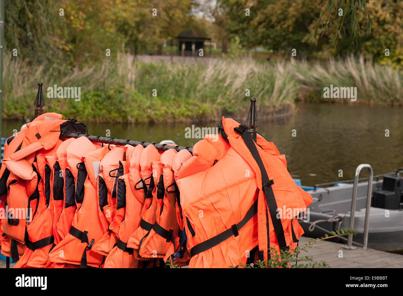 Line of orange life jackets hang near lake in Regent's Park, London. Stock Photo