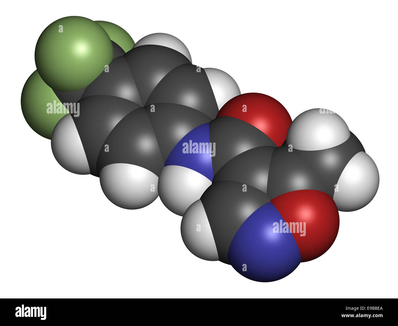 Leflunomide rheumatoid arthritis drug molecule. Atoms are represented as spheres with
