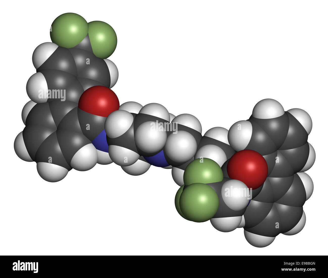 Lomitapide cholesterol lowering drug molecule. Used in treatment of homozygous familial hypercholesterolemia. Atoms are represen Stock Photo