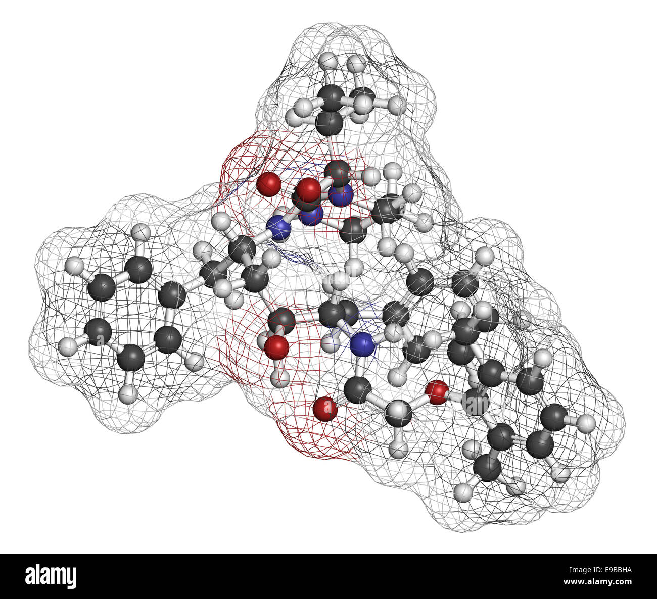 Lopinavir HIV drug molecule. Protease inhibitor class antiretroviral. Atoms are represented as spheres with conventional color c Stock Photo