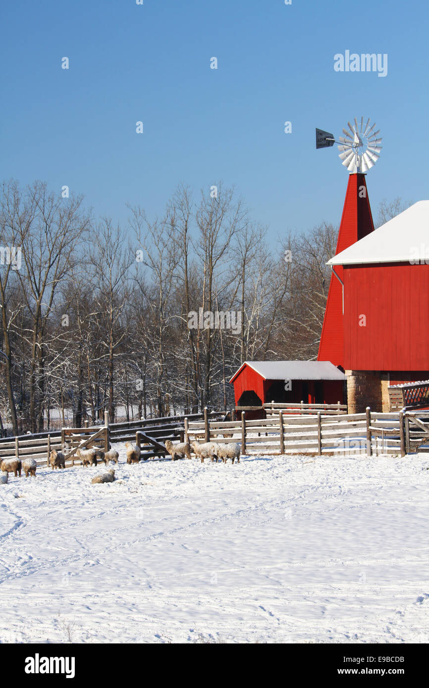 Red Barn In Winter Snow. Historic Barn. Old red barn at Carriage Hill