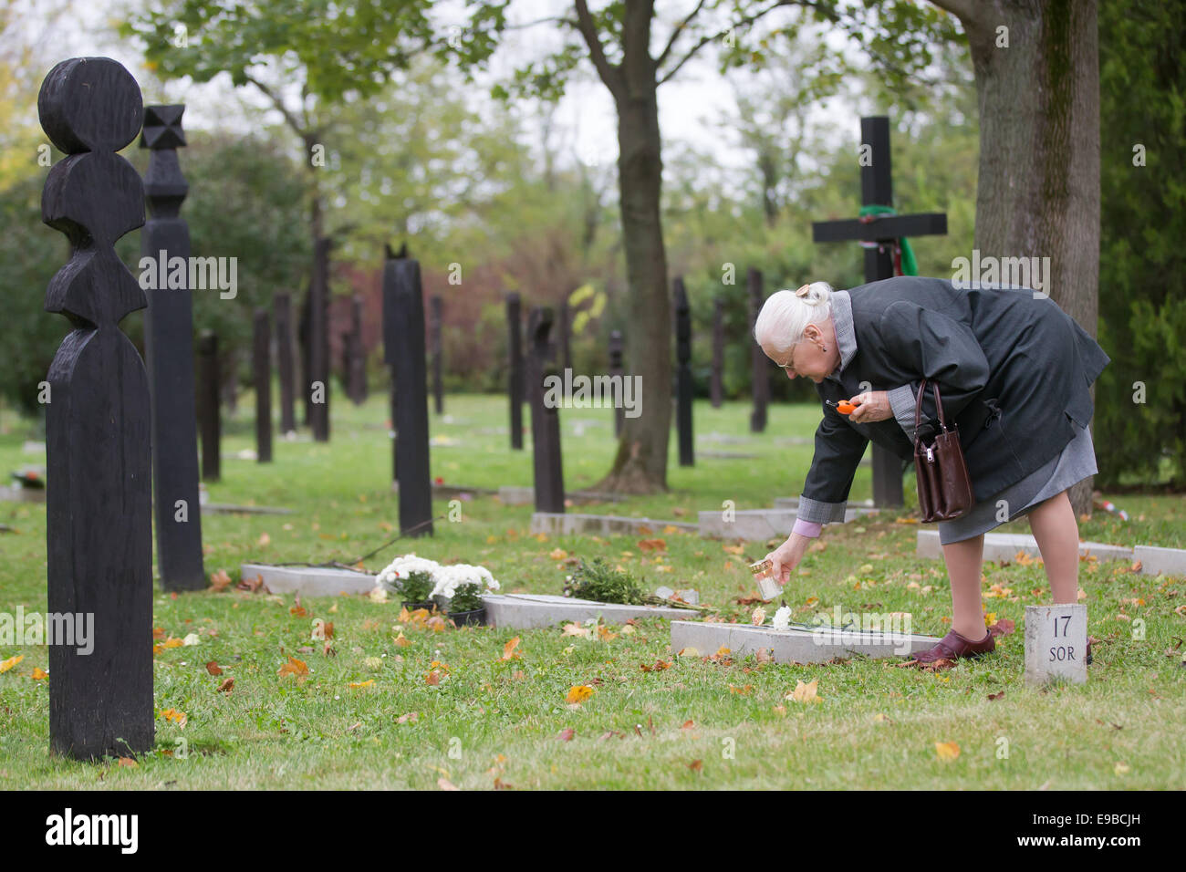 Budapest. 23rd Oct, 2014. A woman lights a candle in memory of her friend in a cemetery on national holiday commemorating the revolution of 1956 in Budapest, Hungary on Oct. 23, 2014. Hungarians marked Thursday with a series of events remembering the failed 1956 revolution that began on Oct. 23, exactly 58 years ago. Credit:  Attila Volgyi/Xinhua/Alamy Live News Stock Photo