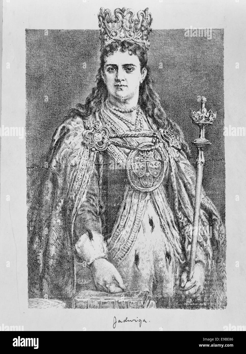 Polish Queen Jadwiga, half-length portrait, standing, facing front, wearing cape and crown, holding scepter, circa 1390 Stock Photo