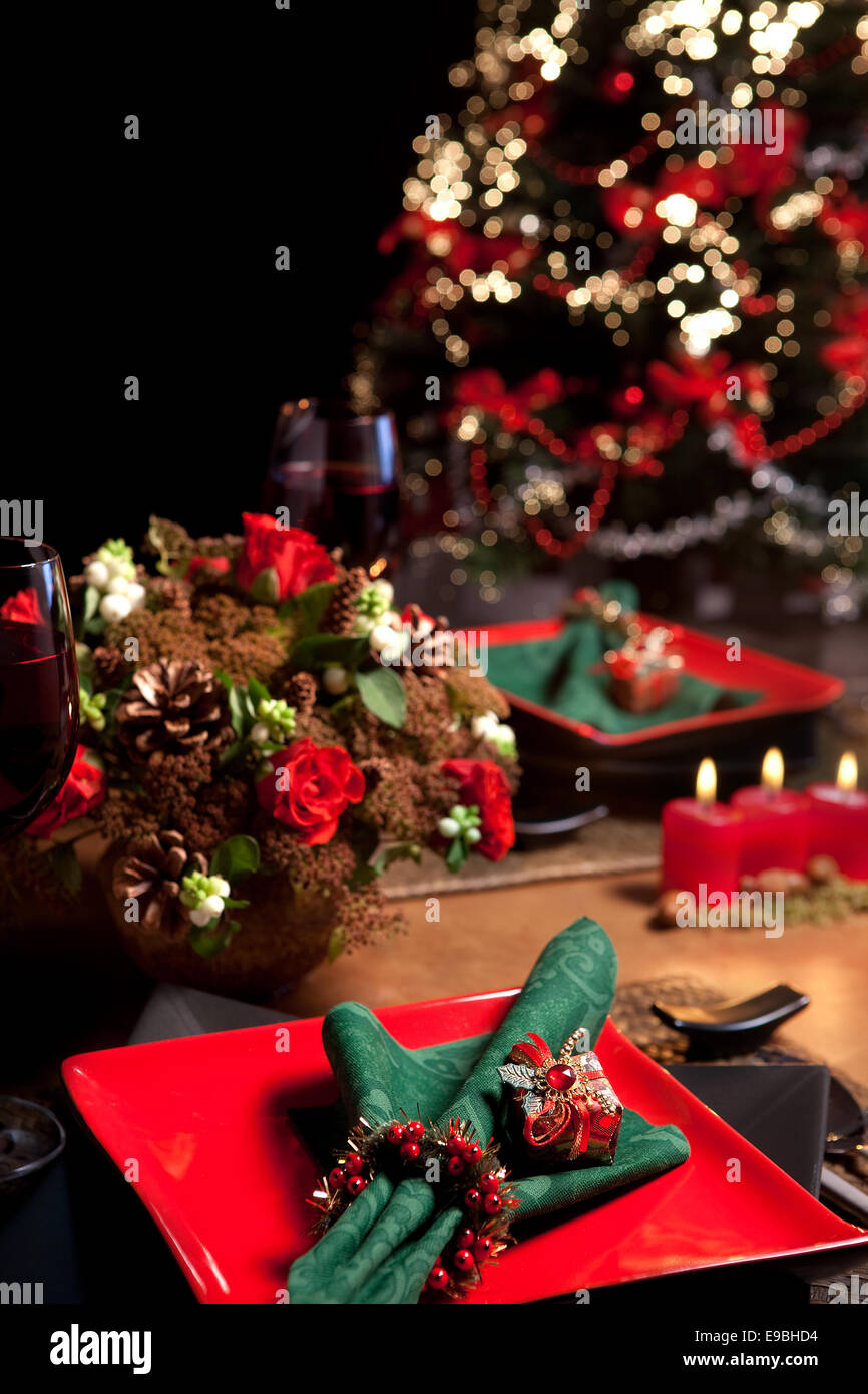 Christmas dinner table with elegant napkins in red and green Stock ...