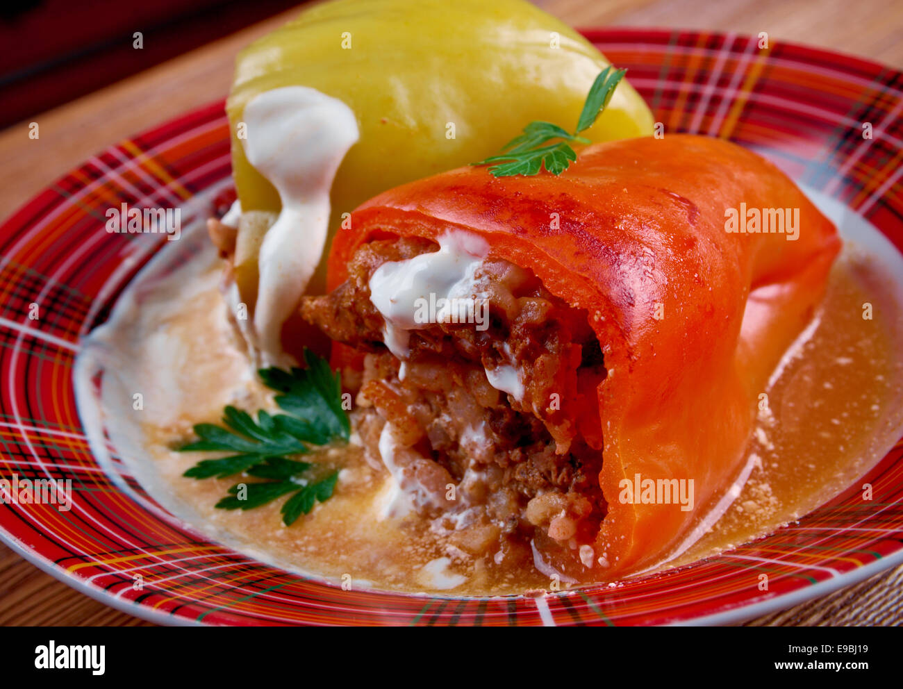 Stuffed paprika with liver, pork, rice and vegetables.Balkan cuisine Stock Photo