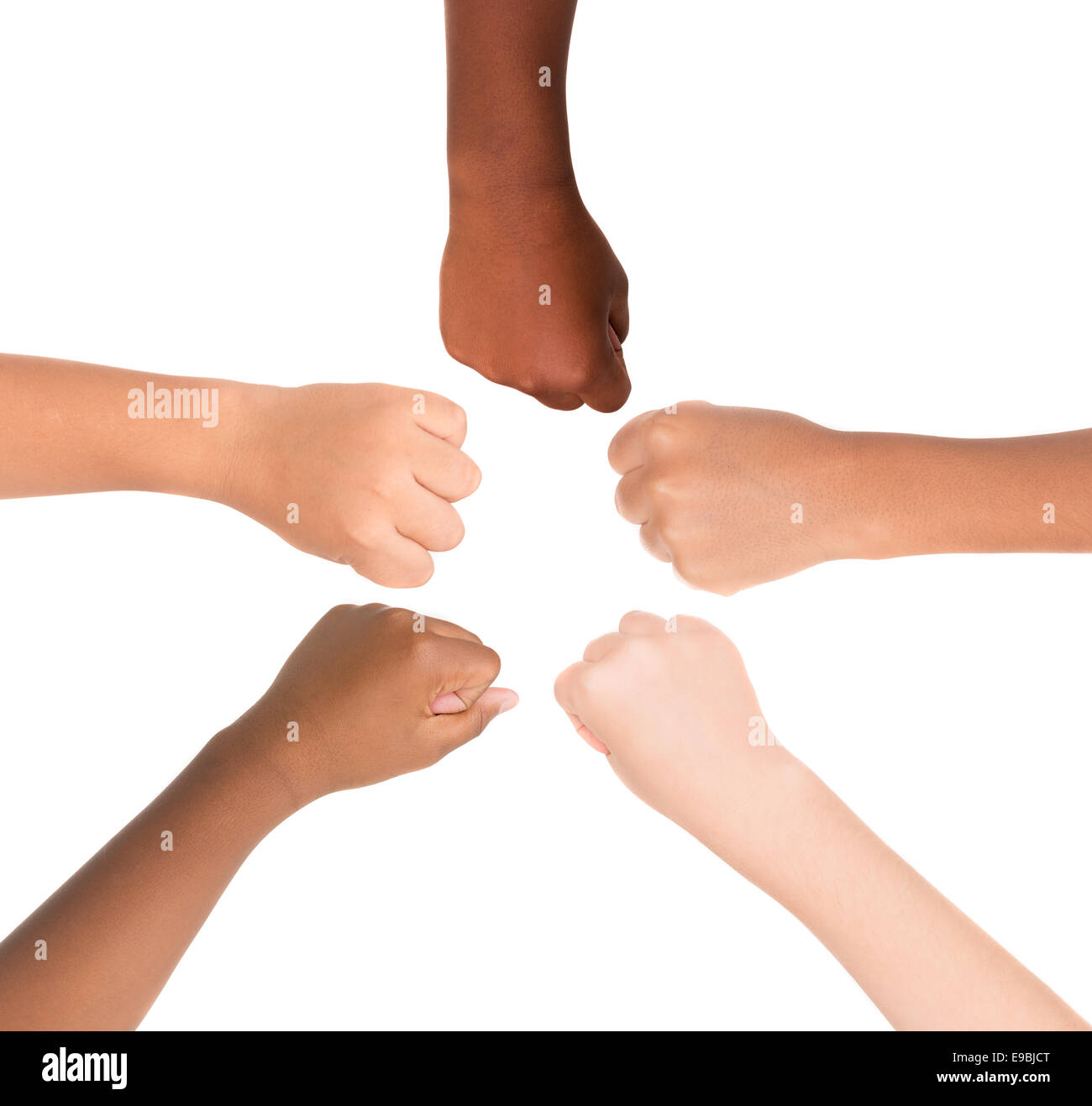 Children's hands from different colors and races together isolated in white Stock Photo