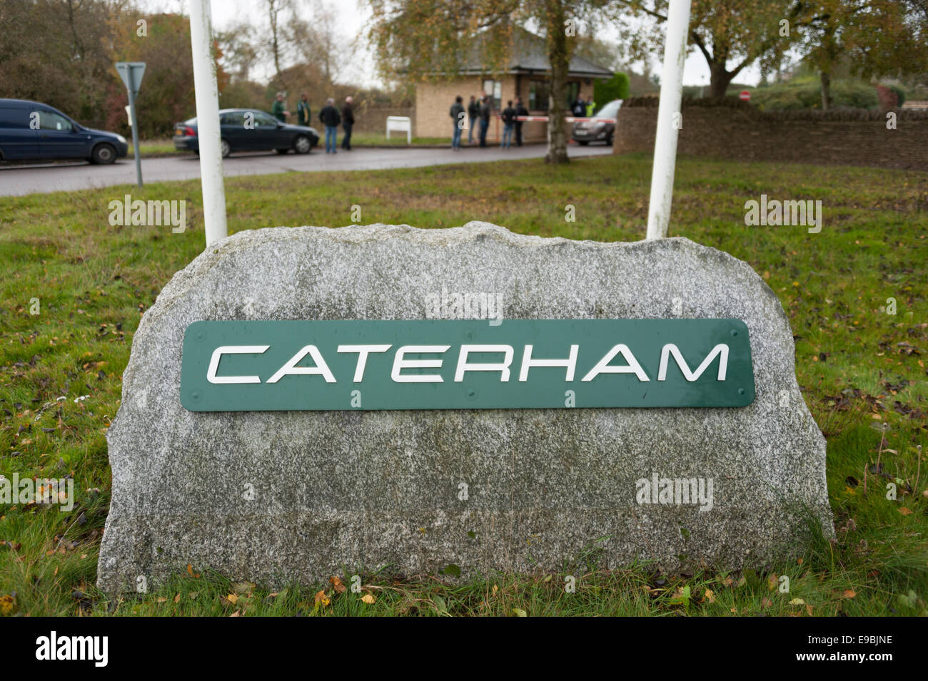 Leafield, Oxfordshire, UK. 24th Oct, 2014. Caterham F1 plant closure. Workers arriving at the Caterham F1 plant at Leafield in Oxfordshire found themselves locked out of the plant this morning. The Swiss-Middle Eastern owner Formula One team which races under a Malaysian license went into administration on Monday. Credit:  Desmond Brambley/Alamy Live News Stock Photo