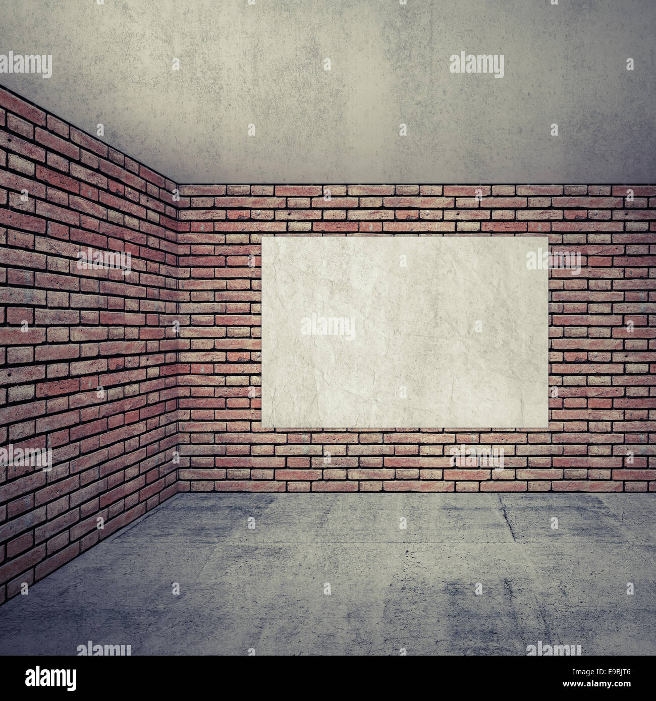 Empty room interior with red brick walls and empty white poster. 3d background with perspective effect Stock Photo
