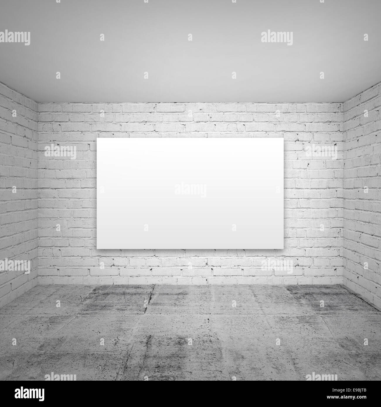 Empty white 3d room interior background with brick walls and concrete floor and empty poster Stock Photo