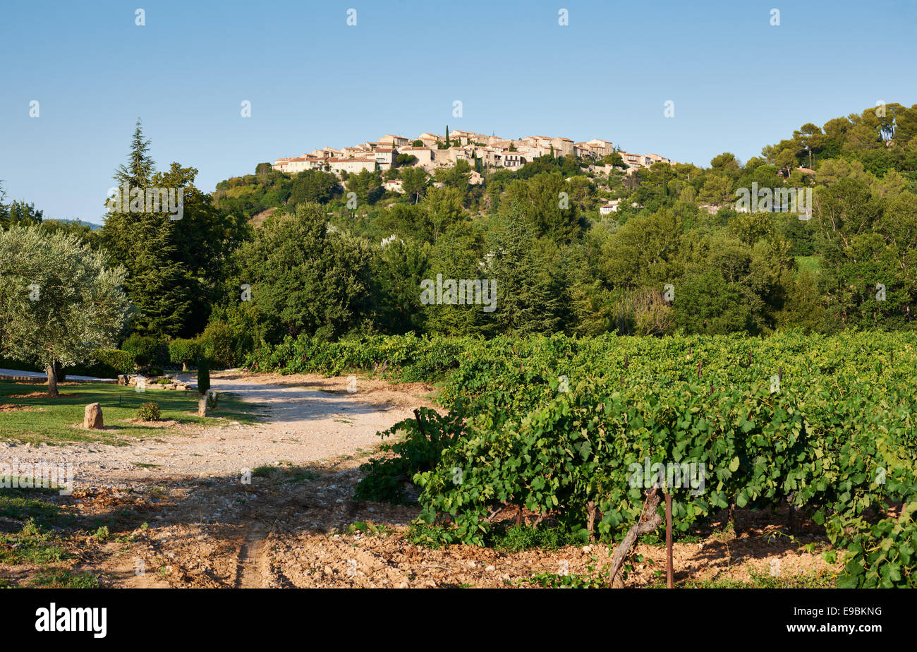 Overview of ancient Grambois village, Provence, France with vineyards in the front Stock Photo