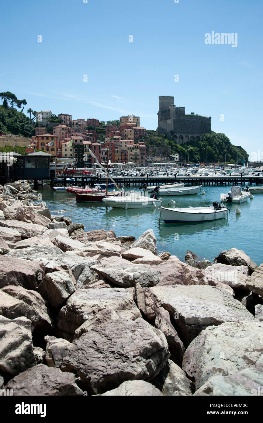 Italian Riviera,Colourwashed houses, coastal, boats, holiday destination Stock Photo