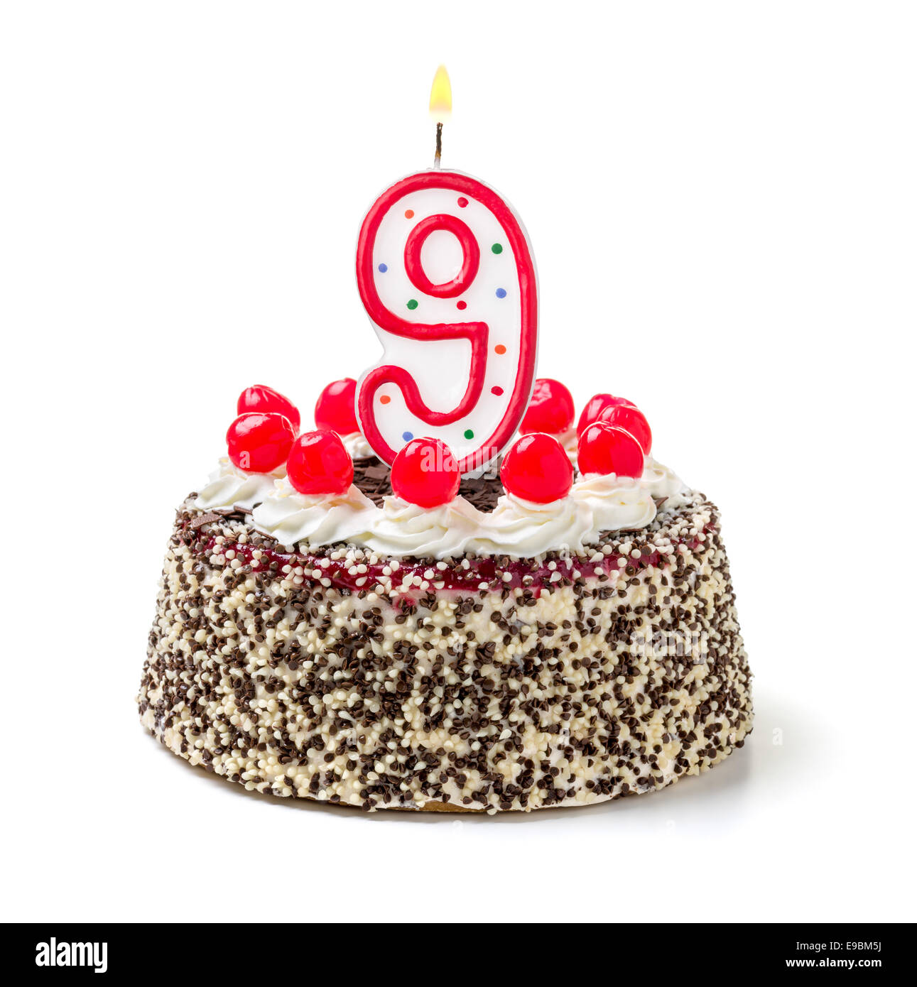 Birthday cake with burning candle number 9 Stock Photo - Alamy