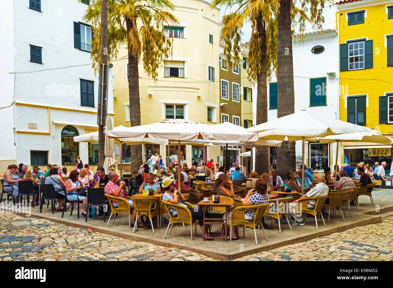 Outdoor cafe and restaurant in Plaza Colon in the old town Mahon, Menorca, Balearic, Spain Stock Photo