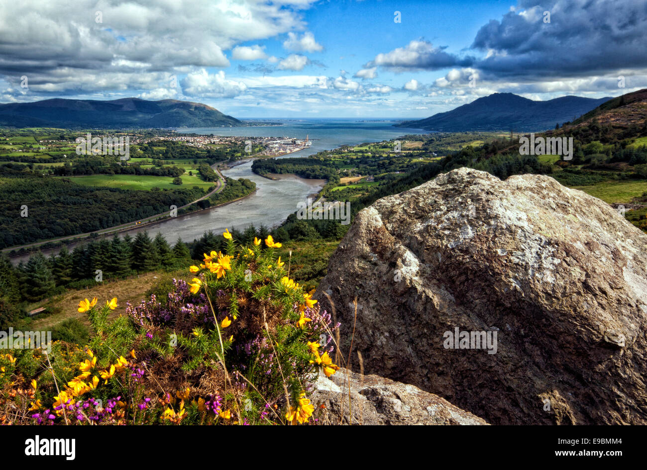 View from Flagstaff Viewpoint in Newry looking over Carlingford Lough towards Omeath and Warrenpoint. Stock Photo