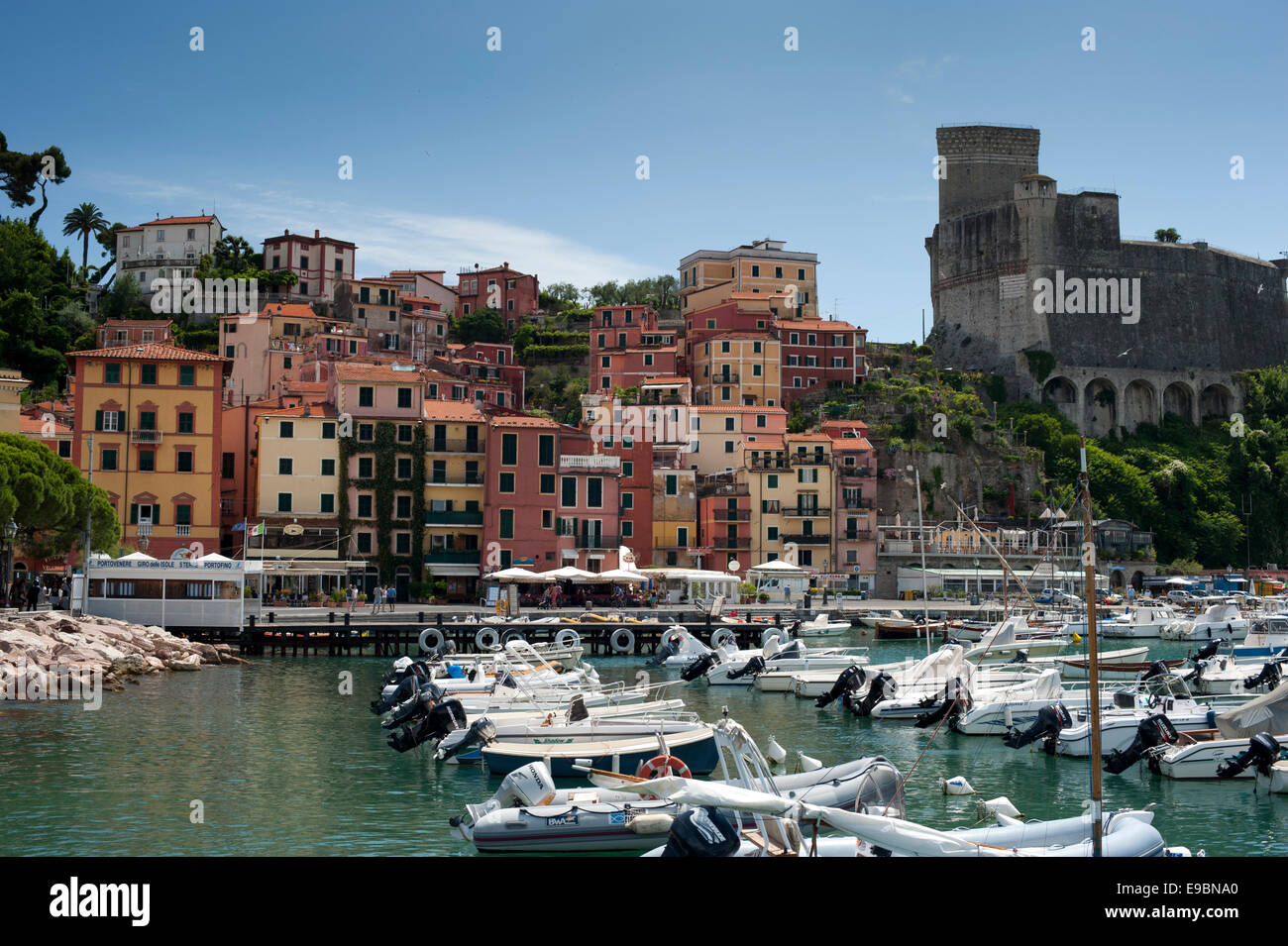 Italian Riviera,Colourwashed houses, coastal, boats, holiday destination Stock Photo