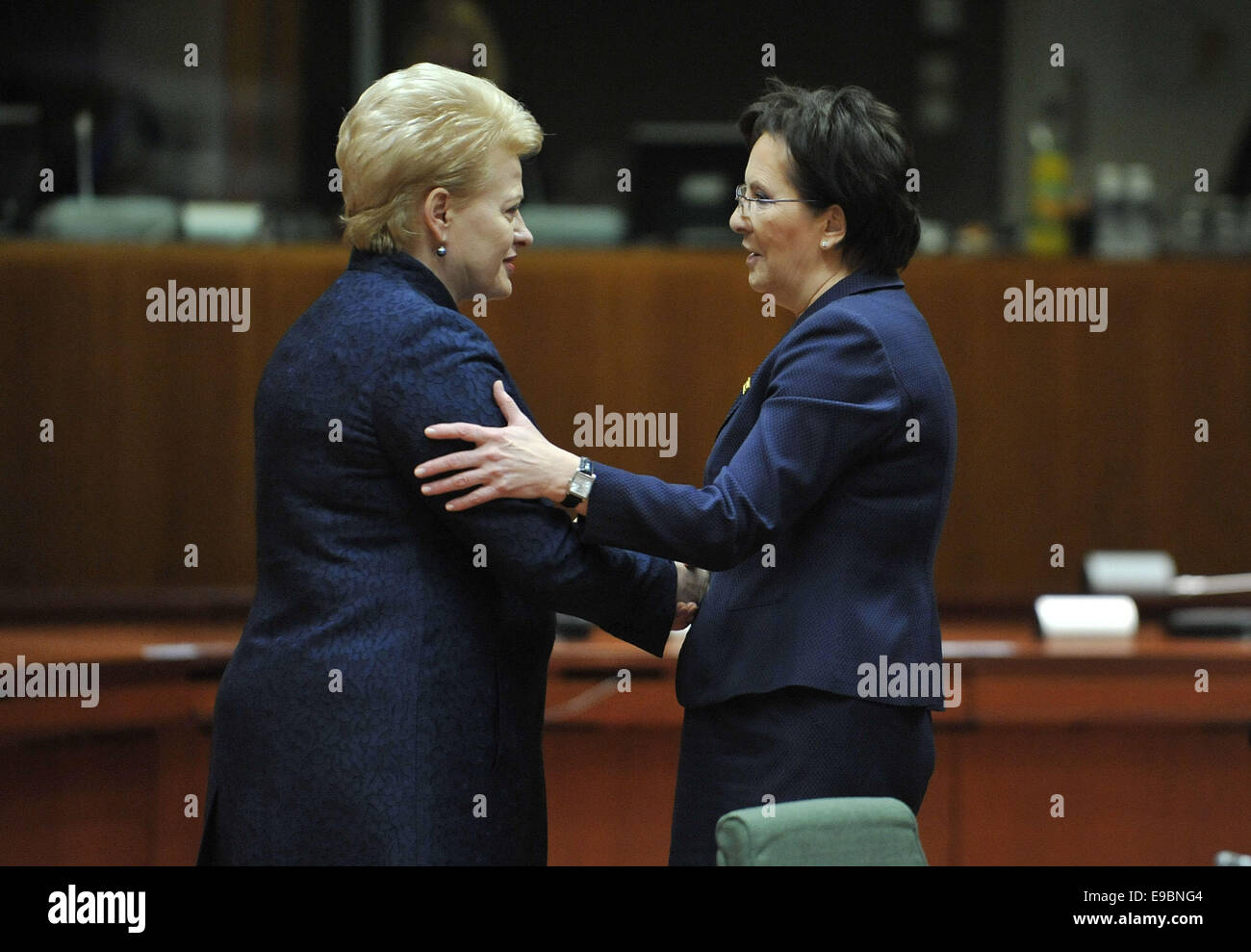 Brussels. 24th Oct, 2014. Lithuania President Dalia Grybauskaite (L) and Poland Prime Minister Ewa Kopacz greet each other prior to a roundtable meeting during an EU Summit at the EU Council headquaters in Brussels, Belgium, Oct.24, 2014. Credit:  Ye Pingfan/Xinhua/Alamy Live News Stock Photo