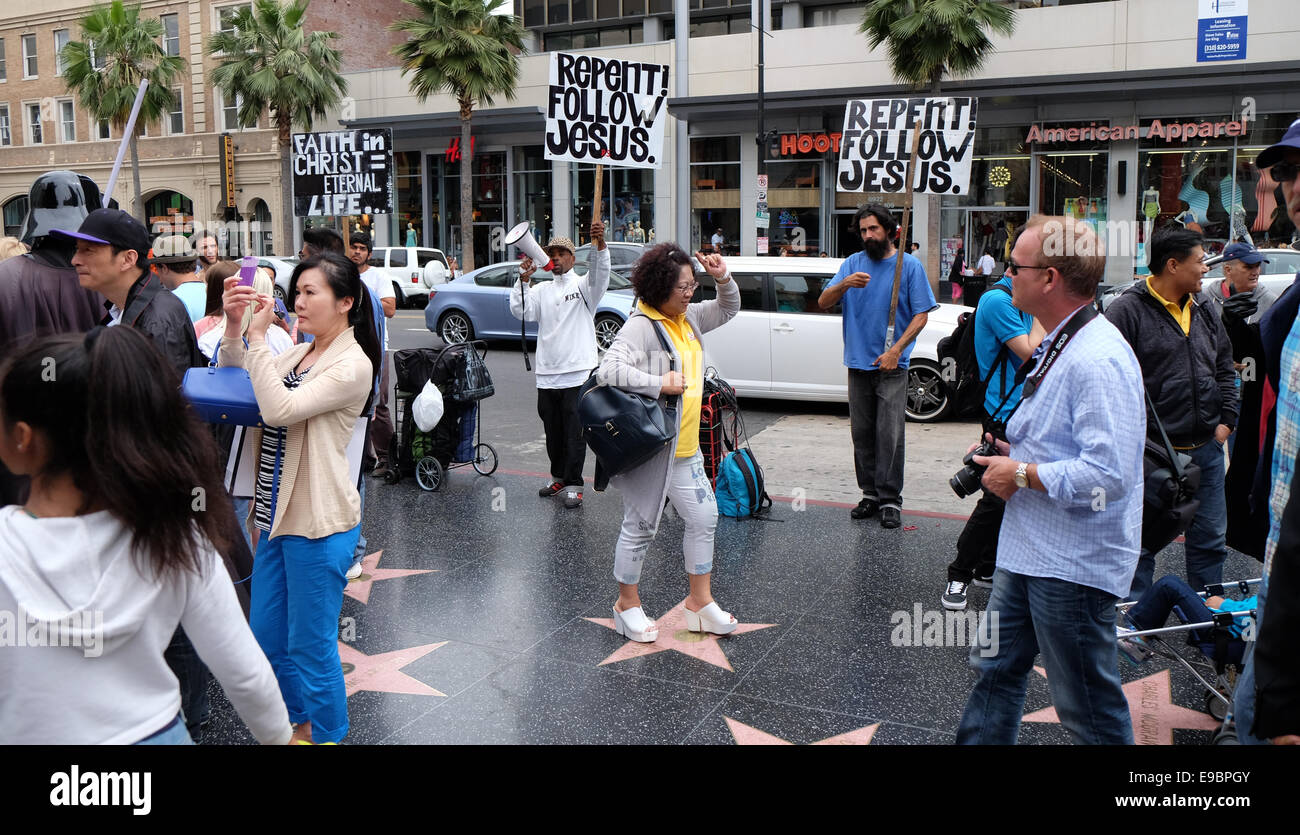 Hollywood Walk of fame and the characters Stock Photo