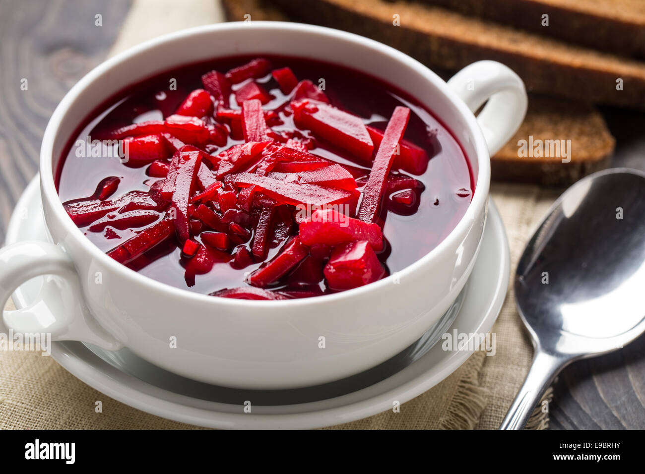 Bowl of red beetroot soup Stock Photo