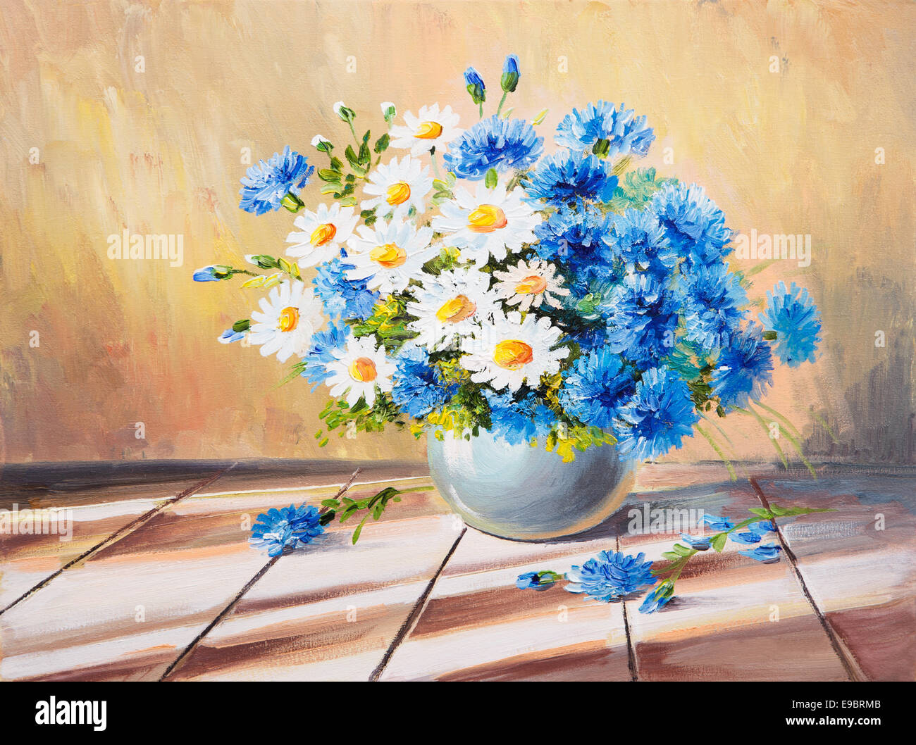 oil painting still life, bouquet of flowers on a wooden table ...