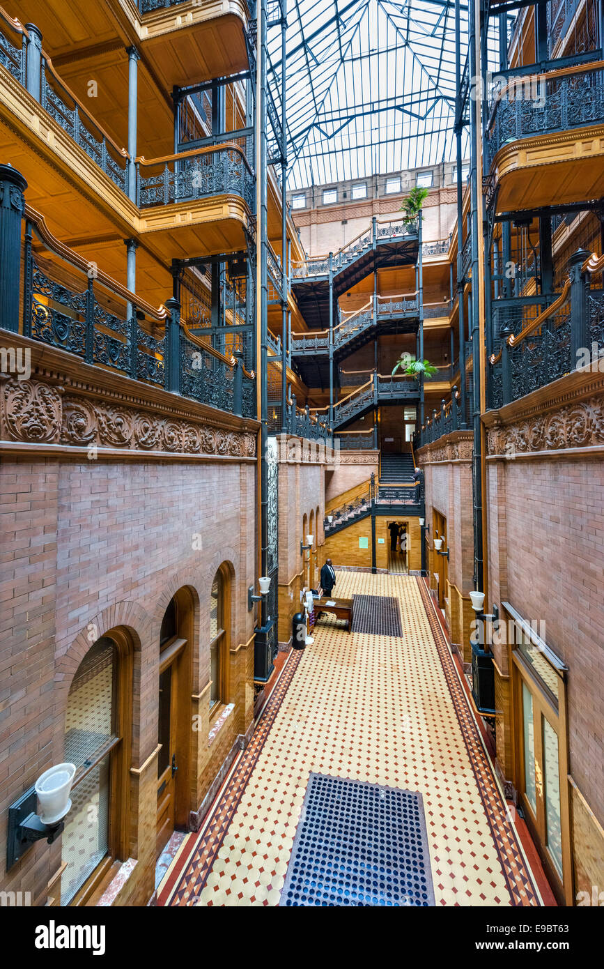 The ornate atrium of the historic Bradbury Building on Broadway in downtown Los Angeles, California, USA Stock Photo