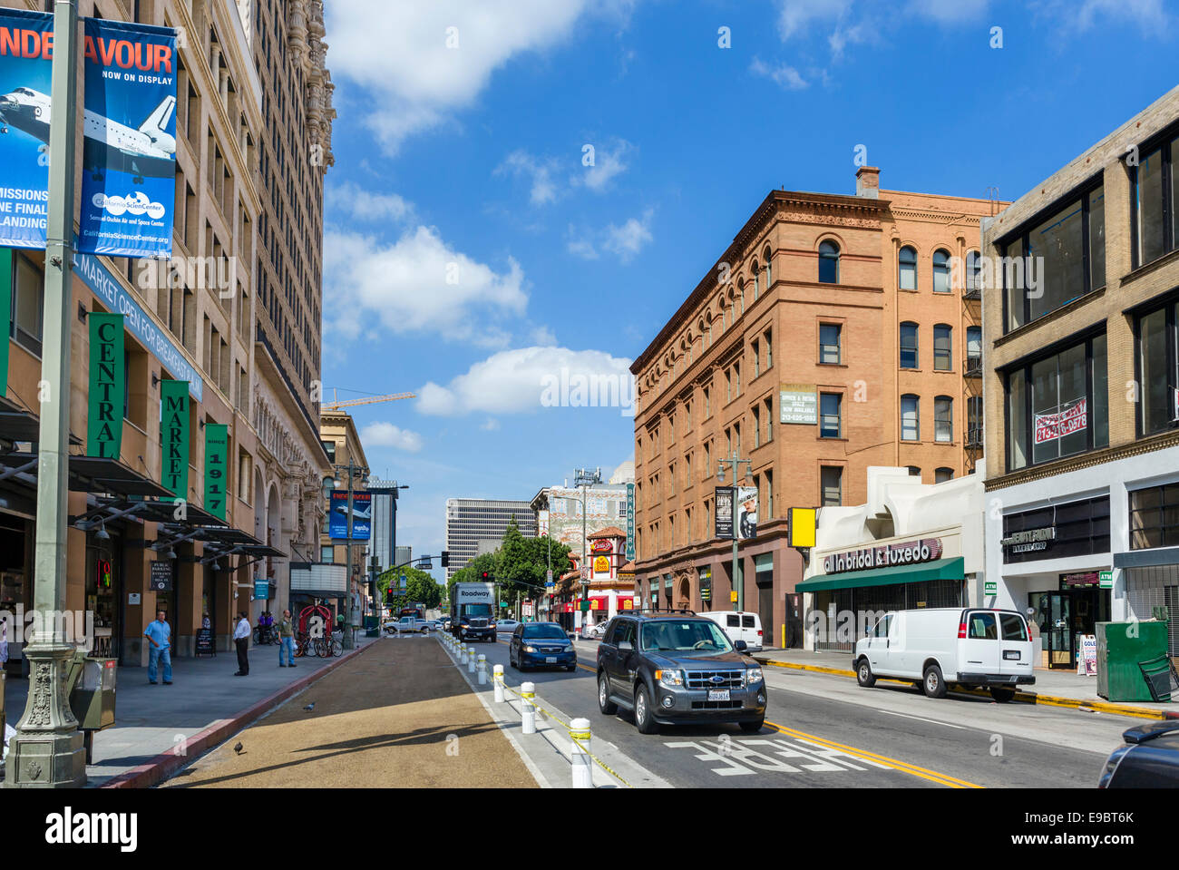 South Broadway in downtown Los Angeles with Grand Central Market to left and Bradbury Building to right, California, USA Stock Photo