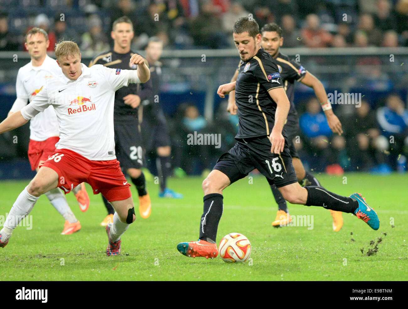 Salzburg, Germany. 23rd Oct, 2014. Zagreb's Arijan Ademi (R) 1-4 during the  Europa League match between Red Bull Salzburg and GNK Dinamo Zagreb at Red  Bull arena in Salzburg, Germany, 23 October