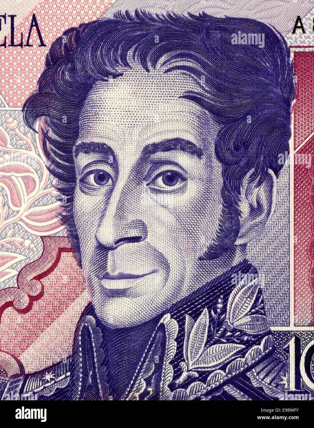 Simon Bolivar on 1000 Bolivares 1998 Banknote from Venezuela. Stock Photo