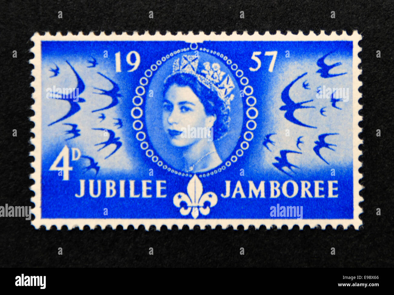 Postage stamp. Great Britain. Queen Elizabeth II. World Scout Jubillee Jamboree. 1957. Stock Photo