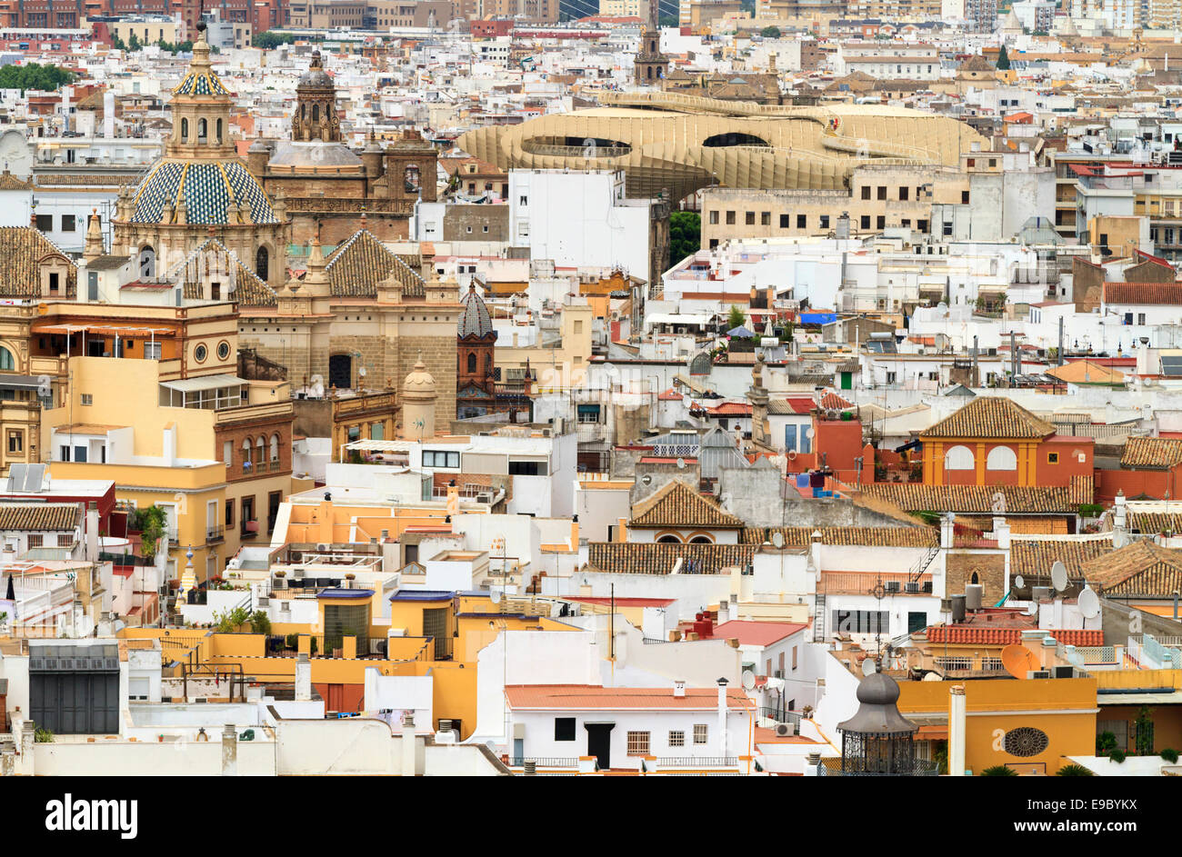Aerial view of the Seville city center and the Metropolis Parasol in