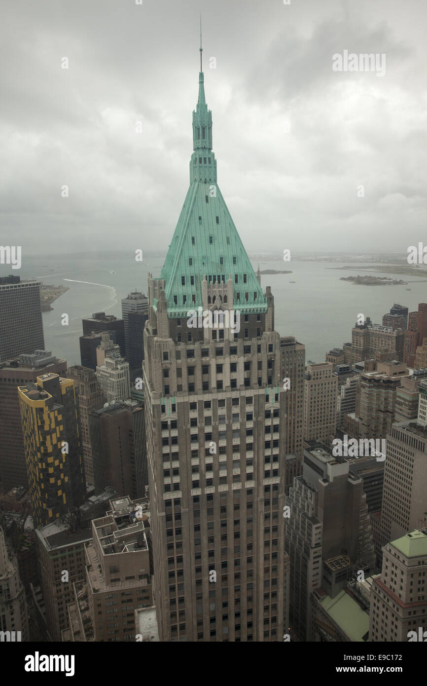 Top of the Woolworth Building with a stormy NY Harbor behind. Stock Photo