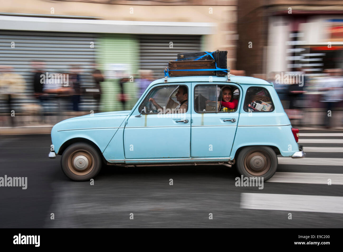Renault 4 with suitcases on luggage carrier during Embouteillage de la Route Nationale 7, happening for oldtimer cars, Lapalisse Stock Photo