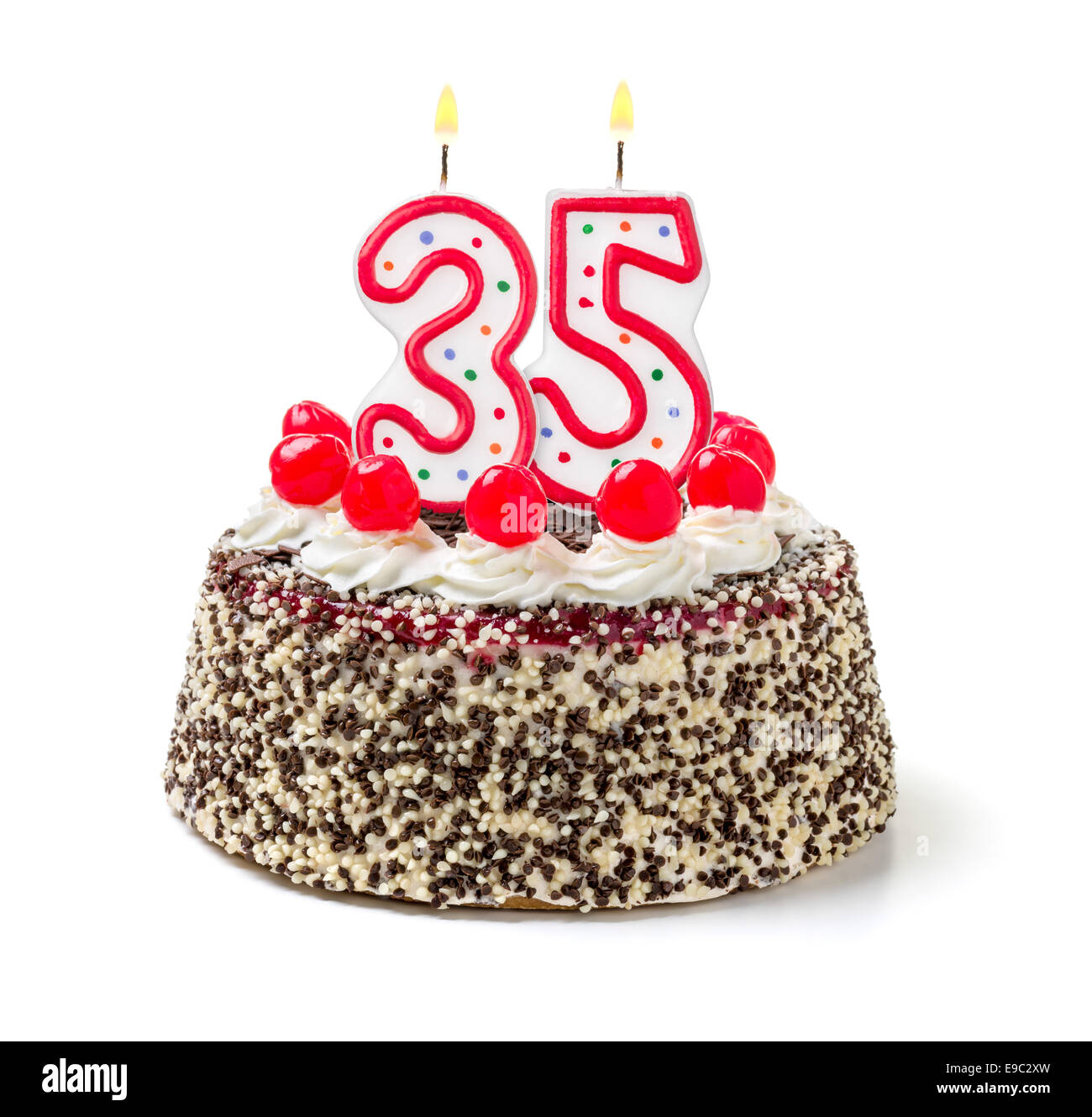 Birthday cake with burning candle number 35 Stock Photo