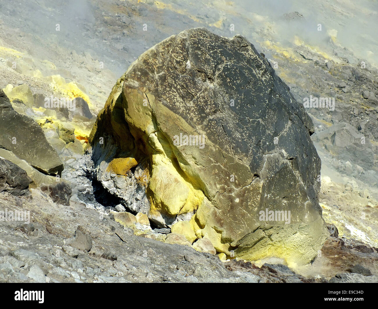 The path to the summit of Gran craters performs sulfur gas fields and toxic gas clouds June