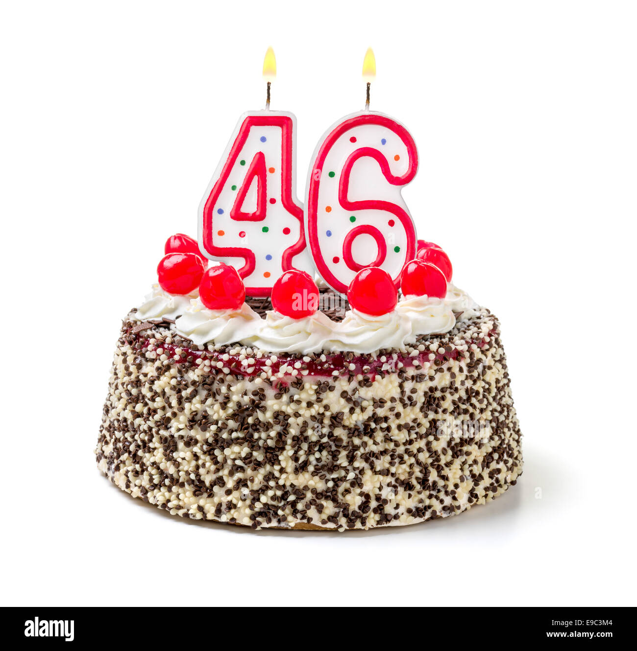 Birthday cake with burning candle number 46 Stock Photo