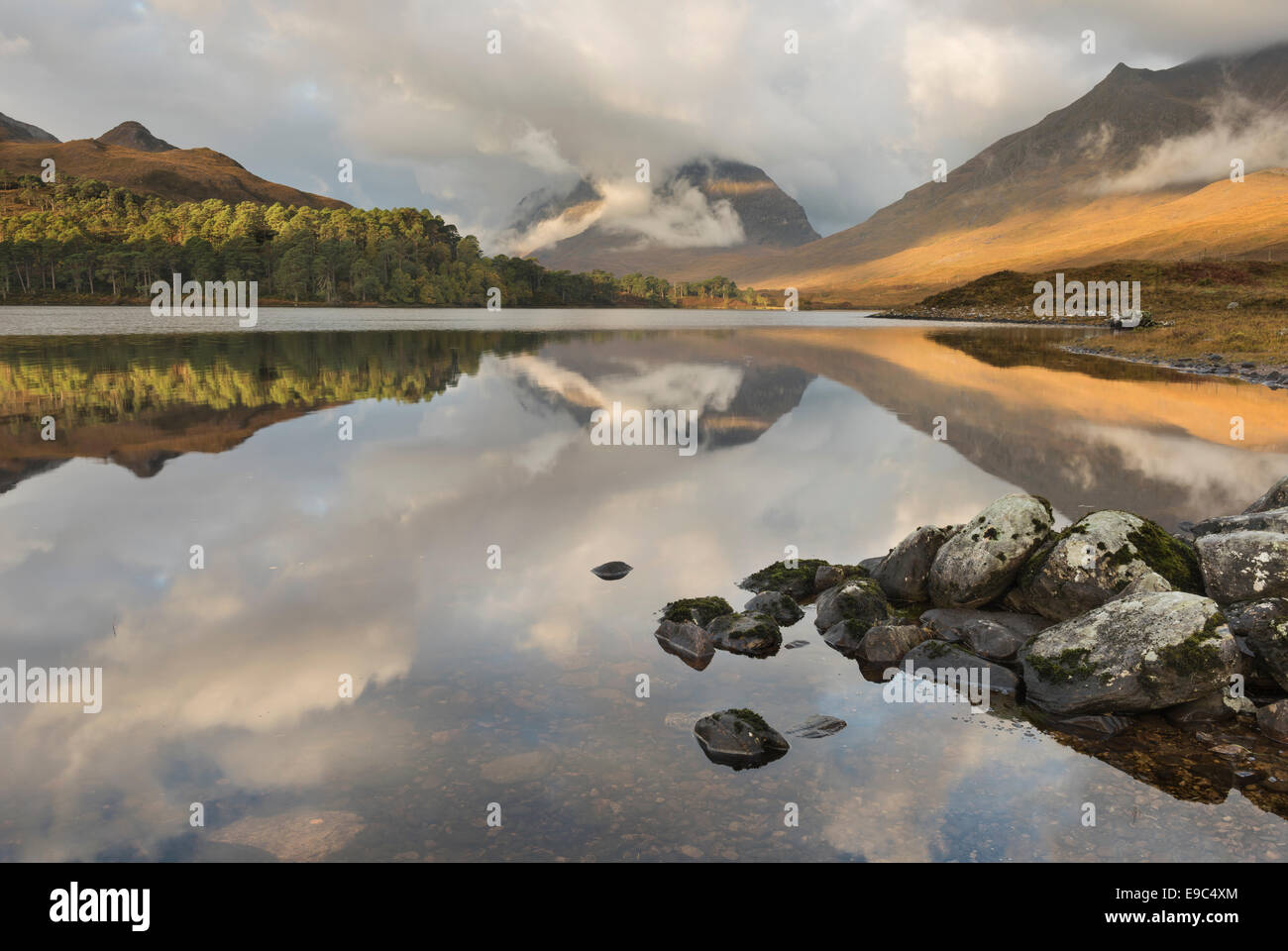 Liathach reflected in Loch Clair in autumn, Torridon, Wester Ross, Scottish Highlands, Scotland Stock Photo