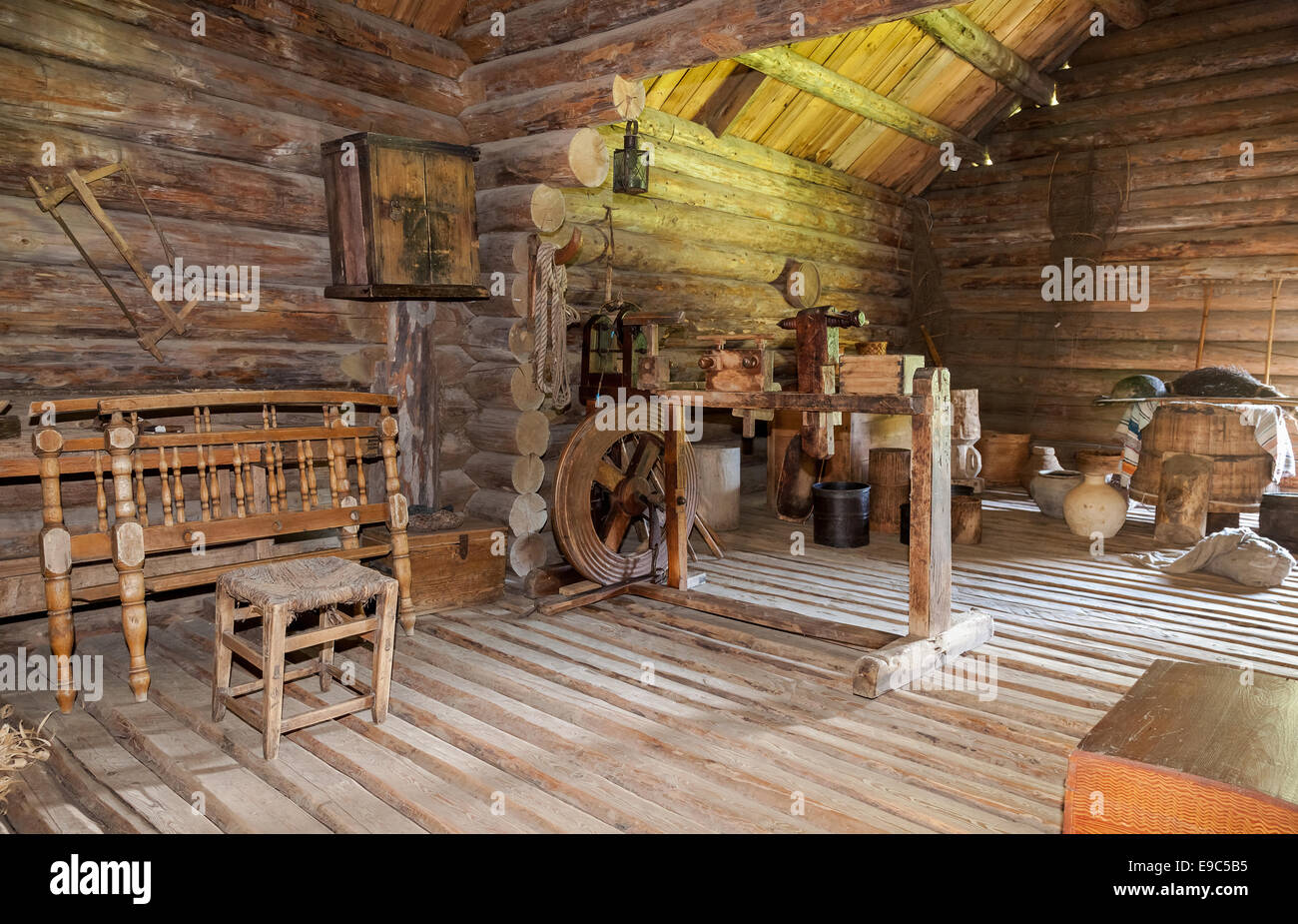 Interior of old rural wooden house in the museum of wooden architecture ...