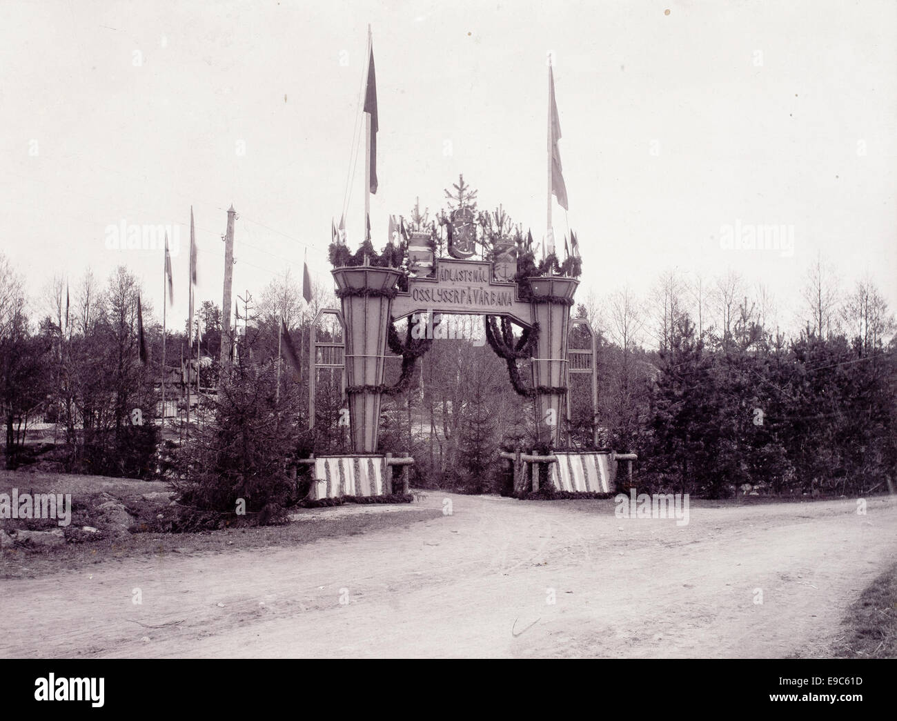 Gateway to the song festival 10-11 July 1899 in Loviisa. The text on the gateway: 'The noblest goals shines on our path' Stock Photo