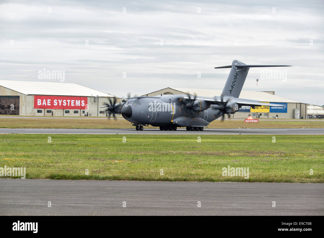 The European Airbus A400 Atlas Military Transport Aircraft has an unusual propeller configuration. Known as Down Between Engines Stock Photo