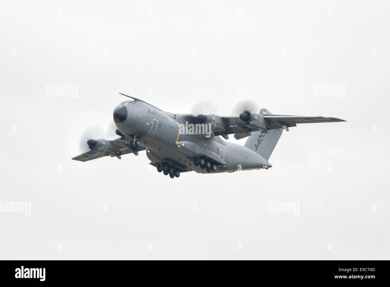 The European Airbus A400 Atlas Military Transport Aircraft has an unusual propeller configuration. Known as Down Between Engines Stock Photo