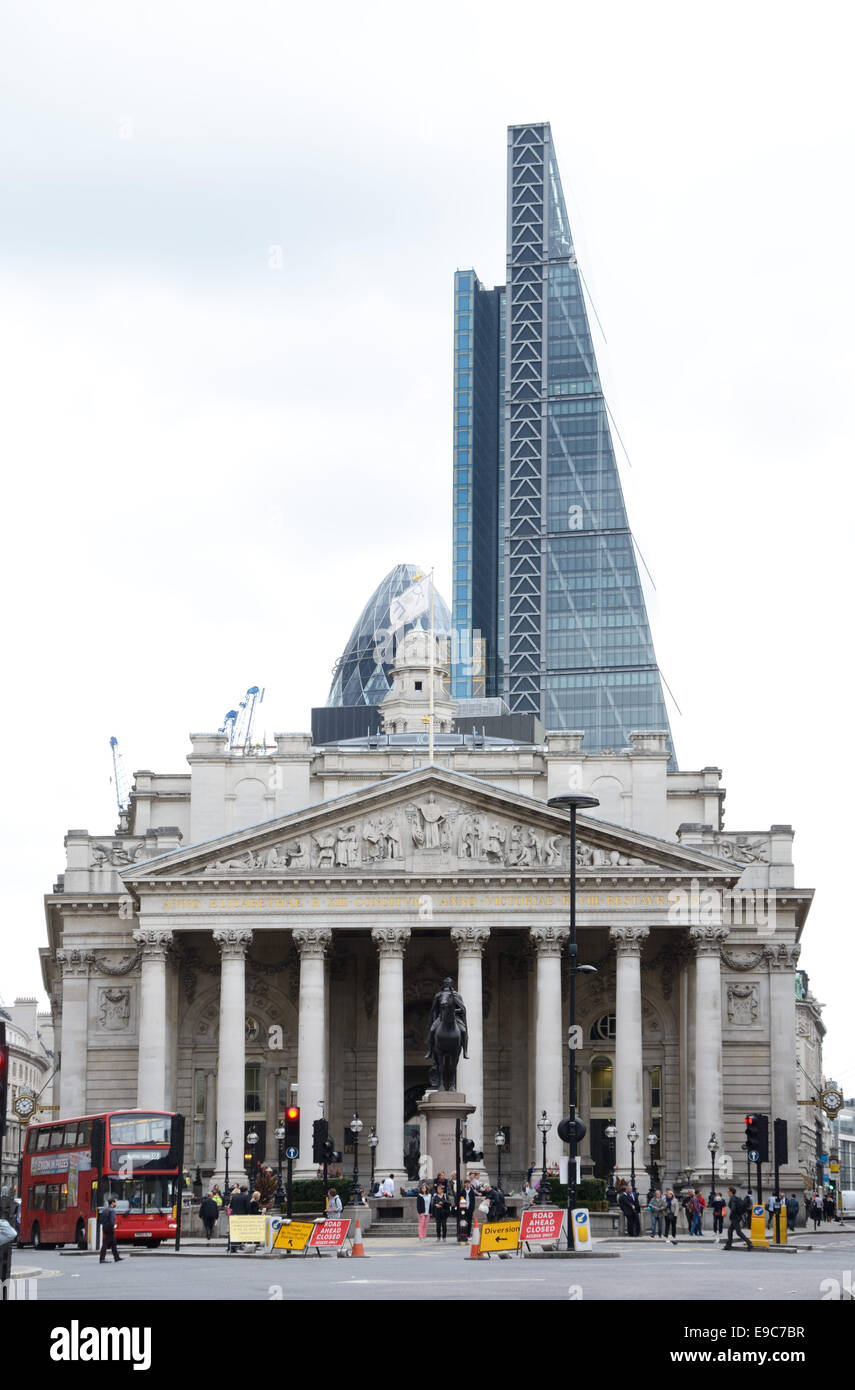 Royal Exchange, with the Cheese Grater seen behind. City of London. Stock Photo