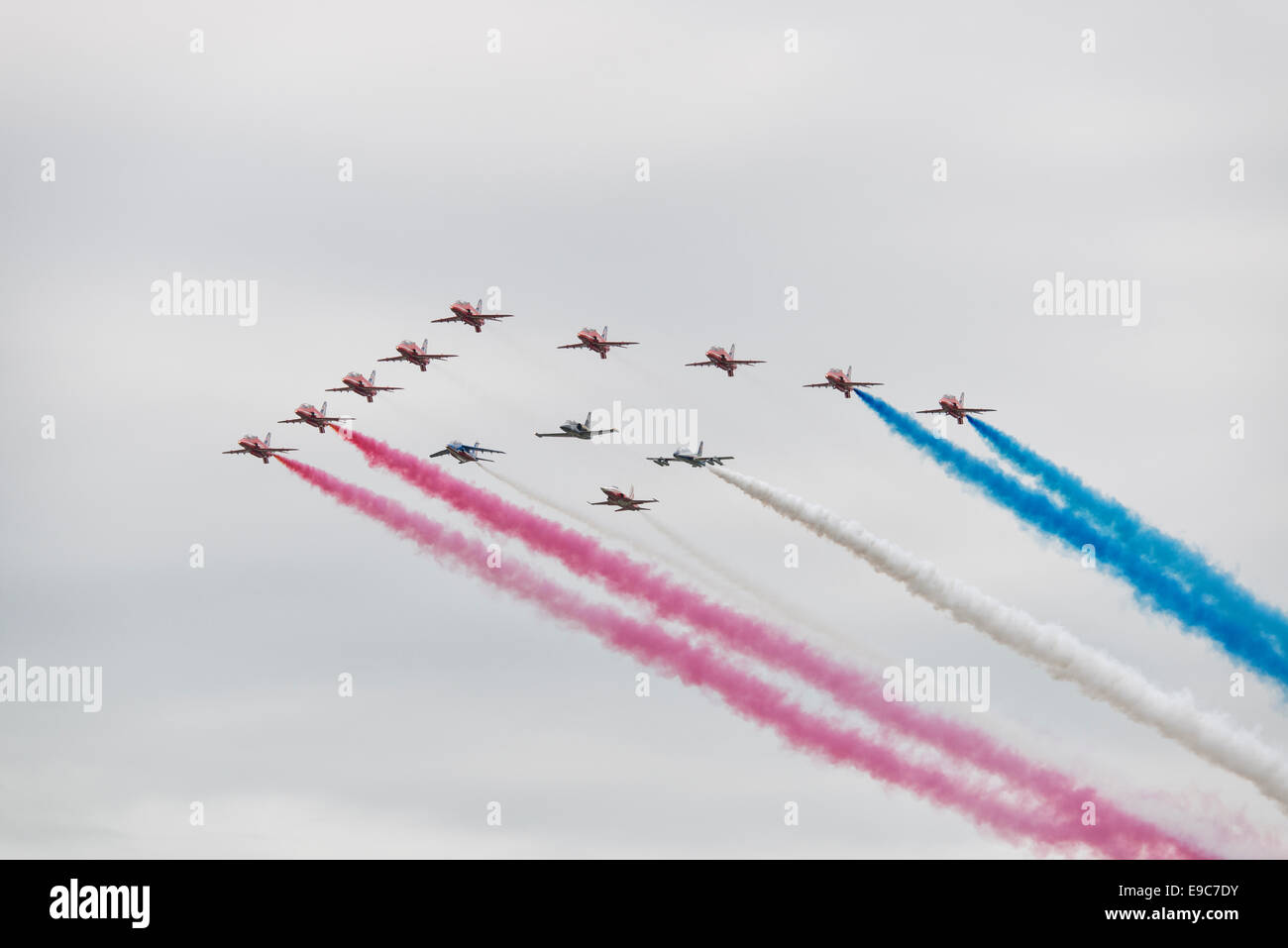 The British Royal Air Force Red Arrows Military Aerobatic Display Team celebrate their fiftieth display season at the RIAT Stock Photo
