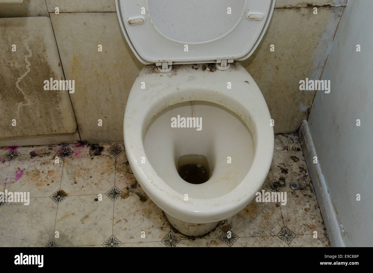 filthy WC loo toilet lavatory john in bathroom left by bad tenants. UK Stock Photo