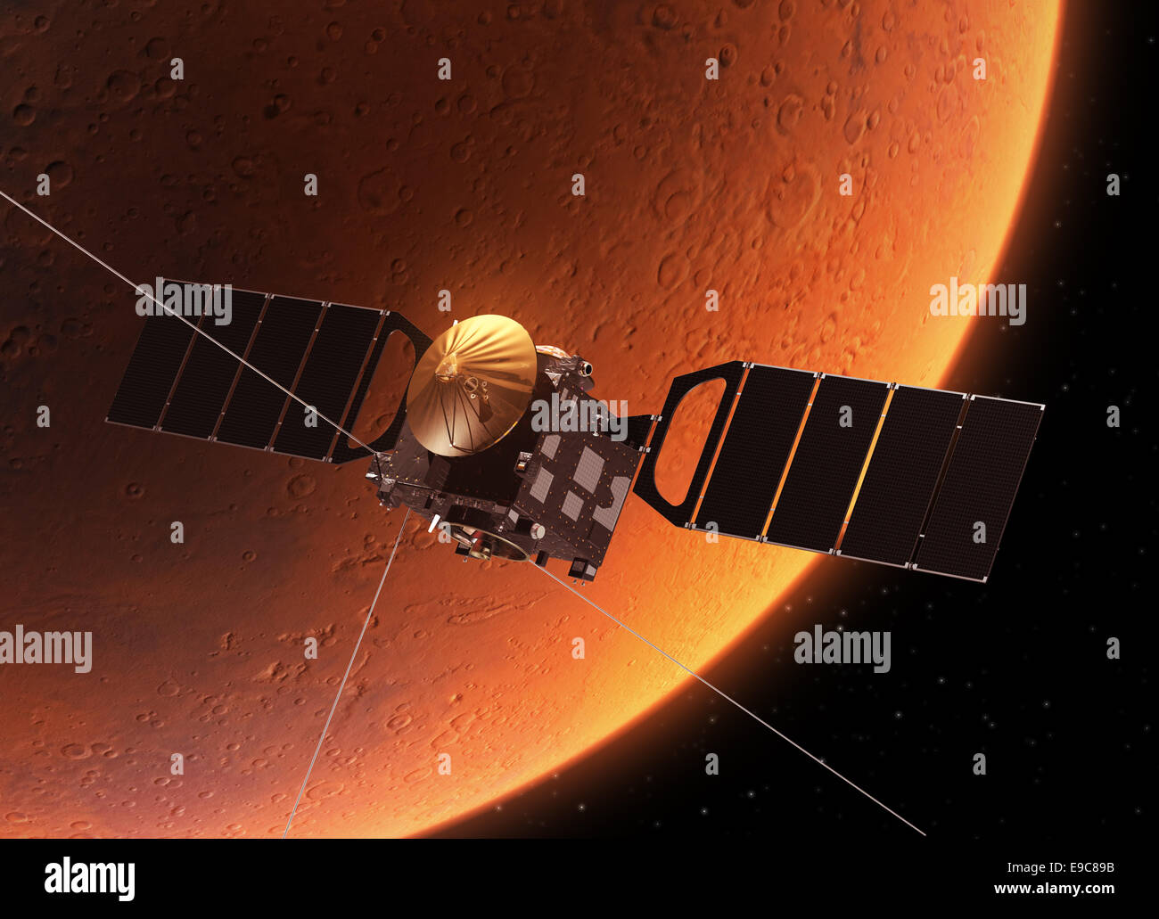 Spacecraft Orbiting Planet Mars. Realistic 3D Scene. Stock Photo