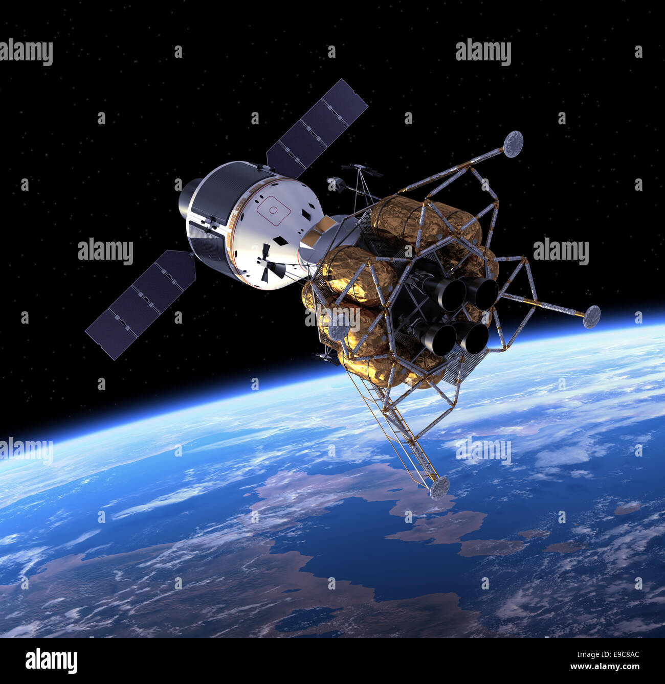 Crew Exploration Vehicle In Space. 3D Scene. Stock Photo