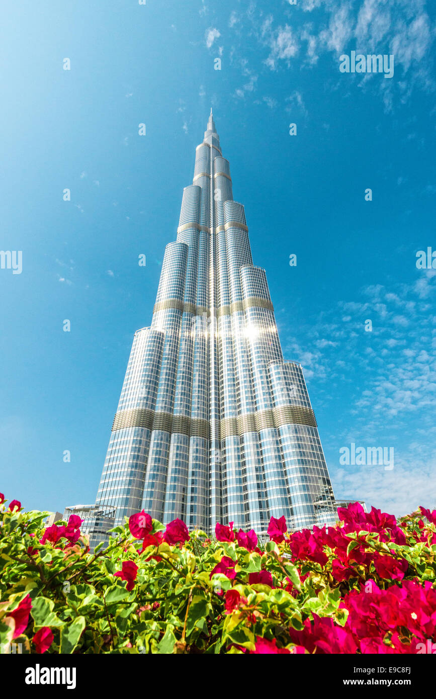 Dubai, UAE - December 8, 2012: Burj Khalifa vanishing in blue sky. It is tallest structure in world since 2010, 829.8 metres. Stock Photo