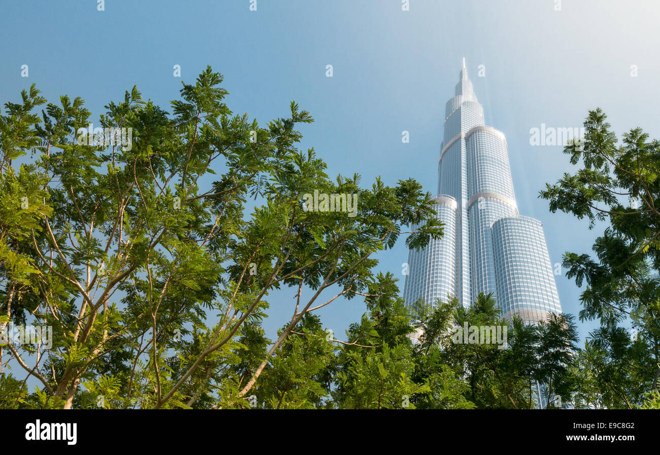 Dubai, UAE - December 8, 2012: Burj Khalifa vanishing in blue sky. It is tallest structure in world since 2010, 829.8 metres. Stock Photo