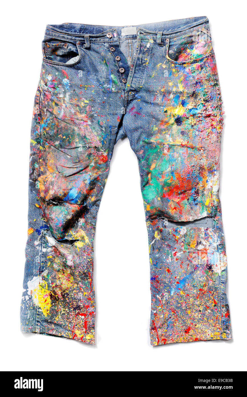 Old Jeans covered with acrylic artist's paints Stock Photo - Alamy